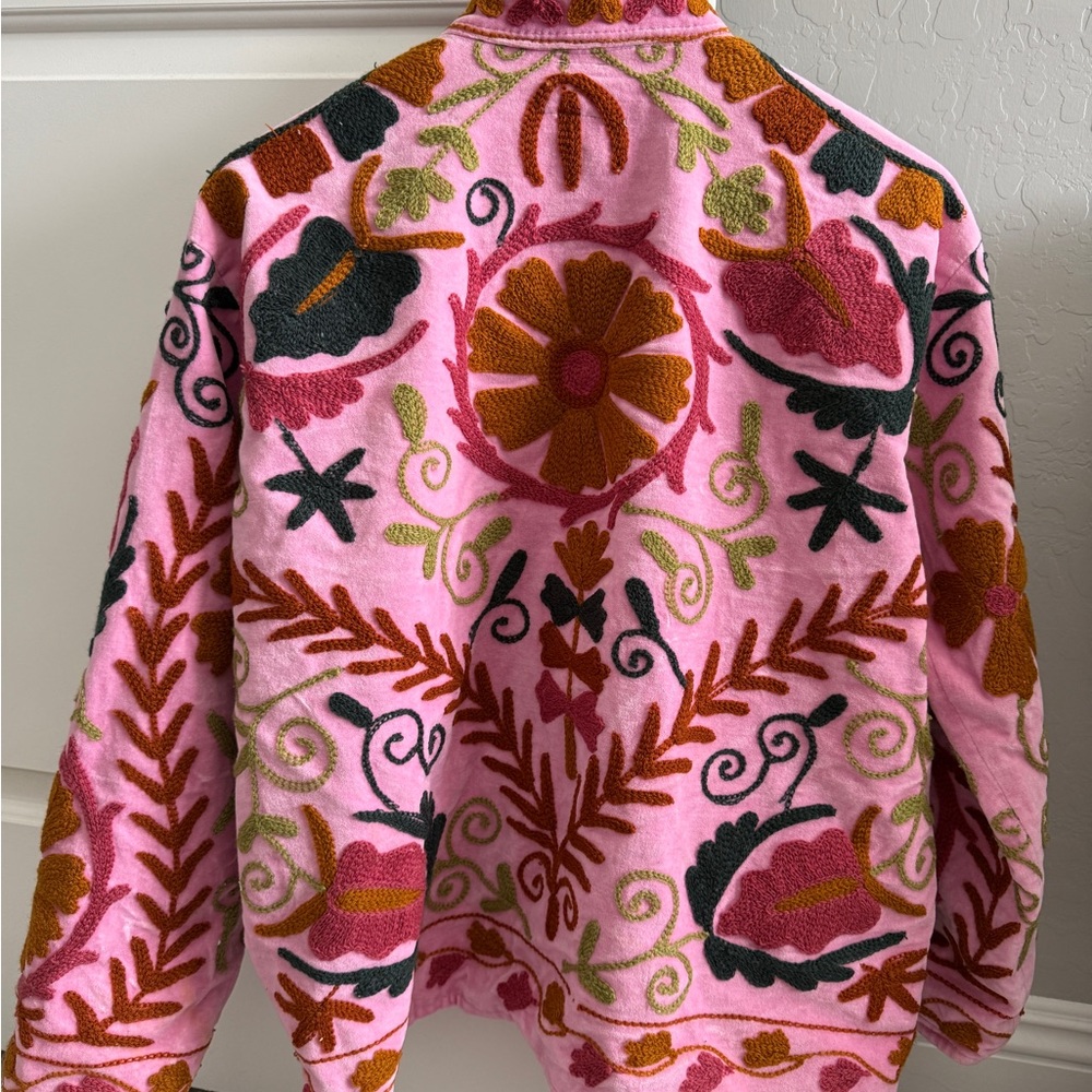 Copenhagen one of a kind.  Pink Floral Teddy Jacket - Cozy Embroidered Design.